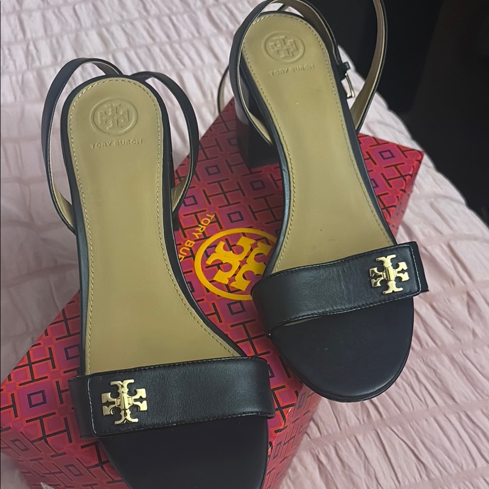 Tory Burch Black Leather Heels with Gold Logo